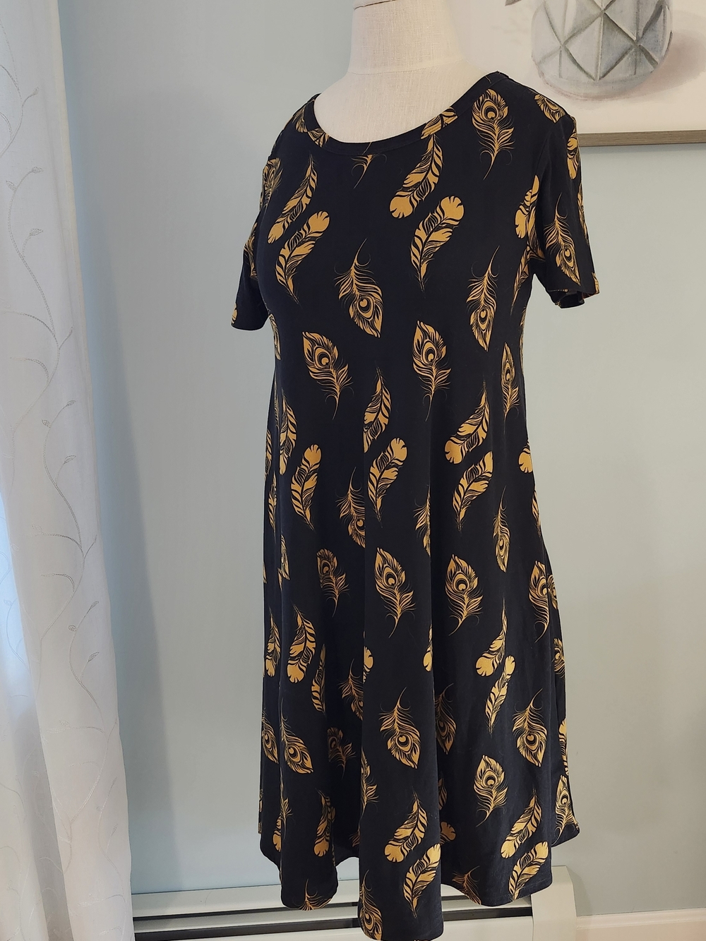 LuLaRoe Black Midi Dress with Gold Feather Print